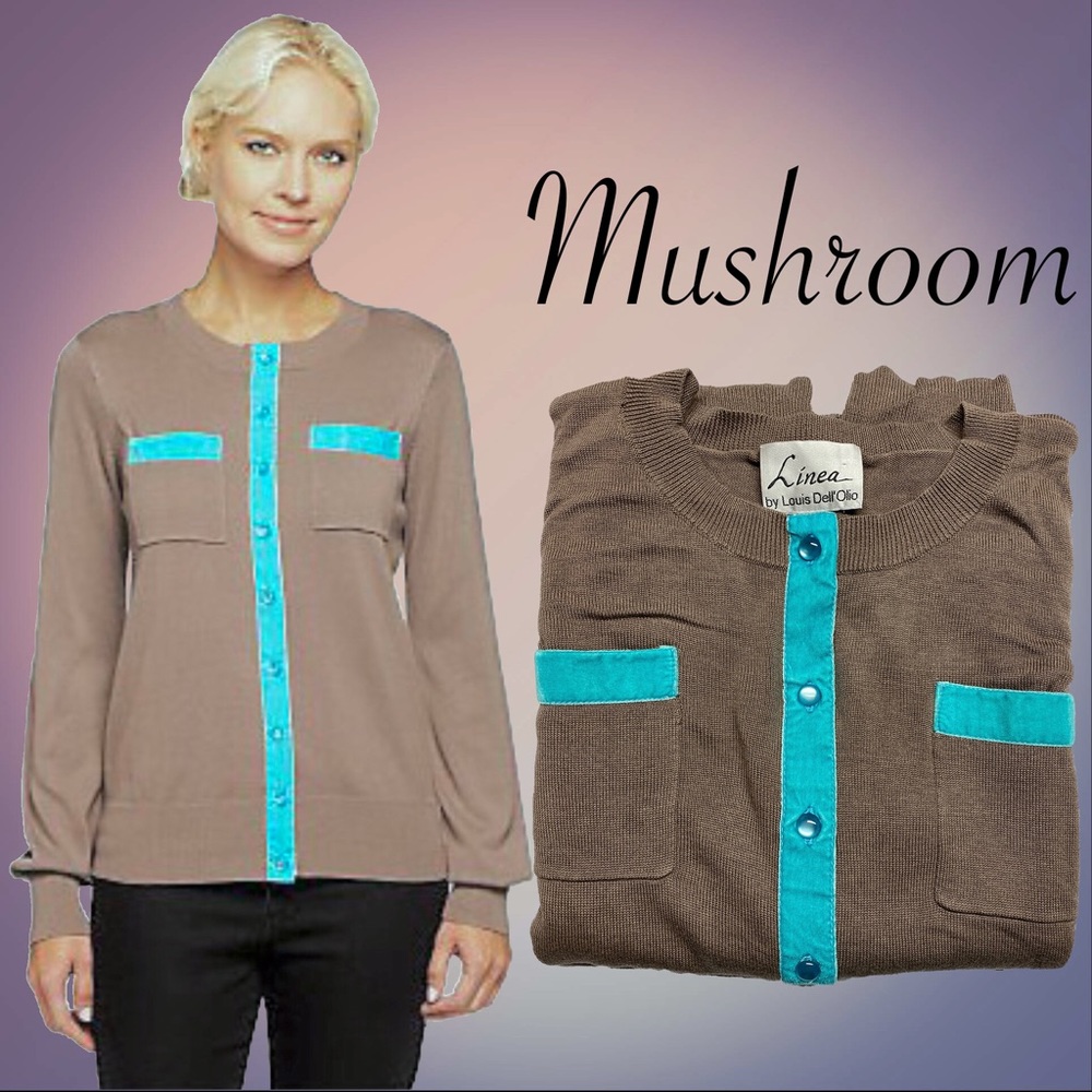 Crew Neck Velvet Trim Cardigan, NEW 2X Mushroom